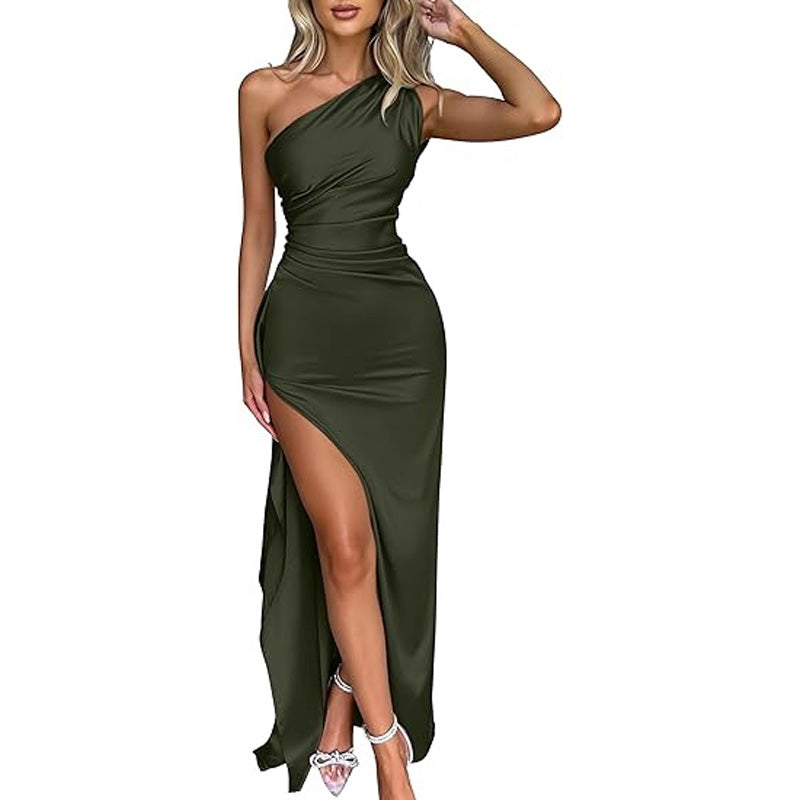 One-shoulder draped side-slit dress