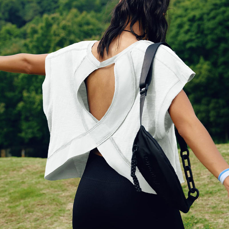 Loose-fitting backless crossover sports T-shirt