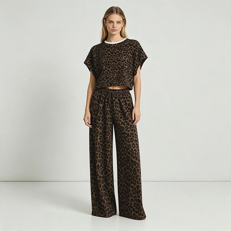 Leopard-print short-sleeved cutout top and trousers casual loungewear set