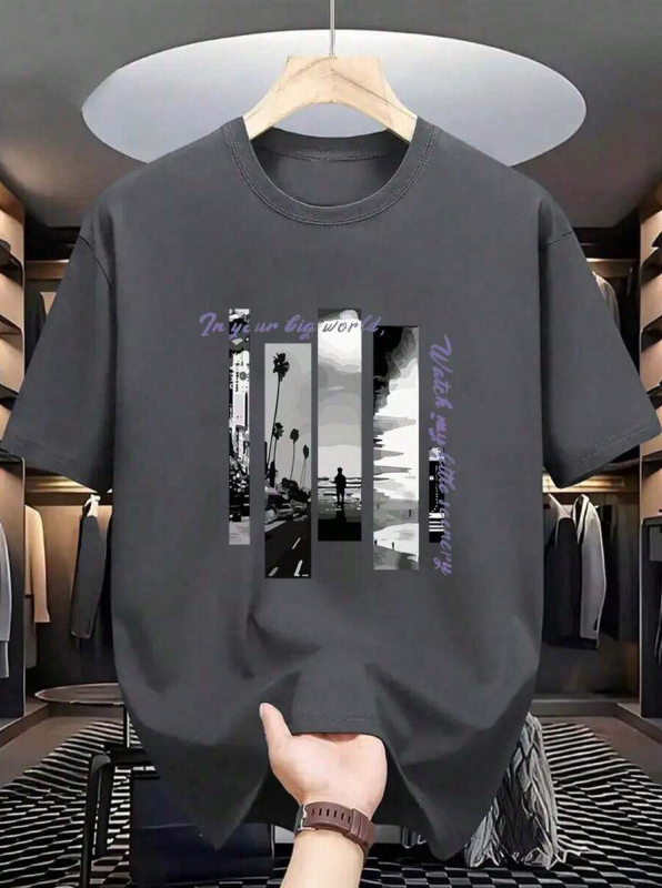 Men's Cotton Short Sleeve T-Shirt Vintage Scenery Graphic Crew Neck Casual Tee