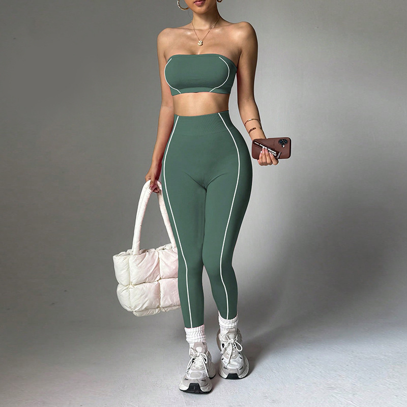 Contrast Piping Bandeau High Waist Yoga Set