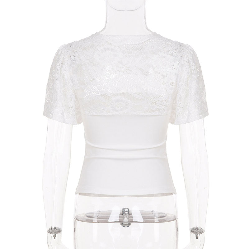 Lace cutout fitted short-sleeved top