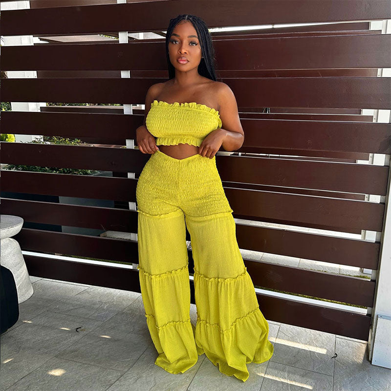 Ruched strapless top and tiered ruffle wide-leg pants set