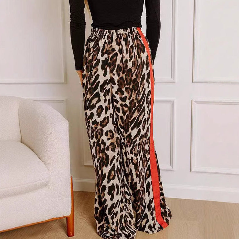 High-waisted leopard print side stripe wide-leg pants