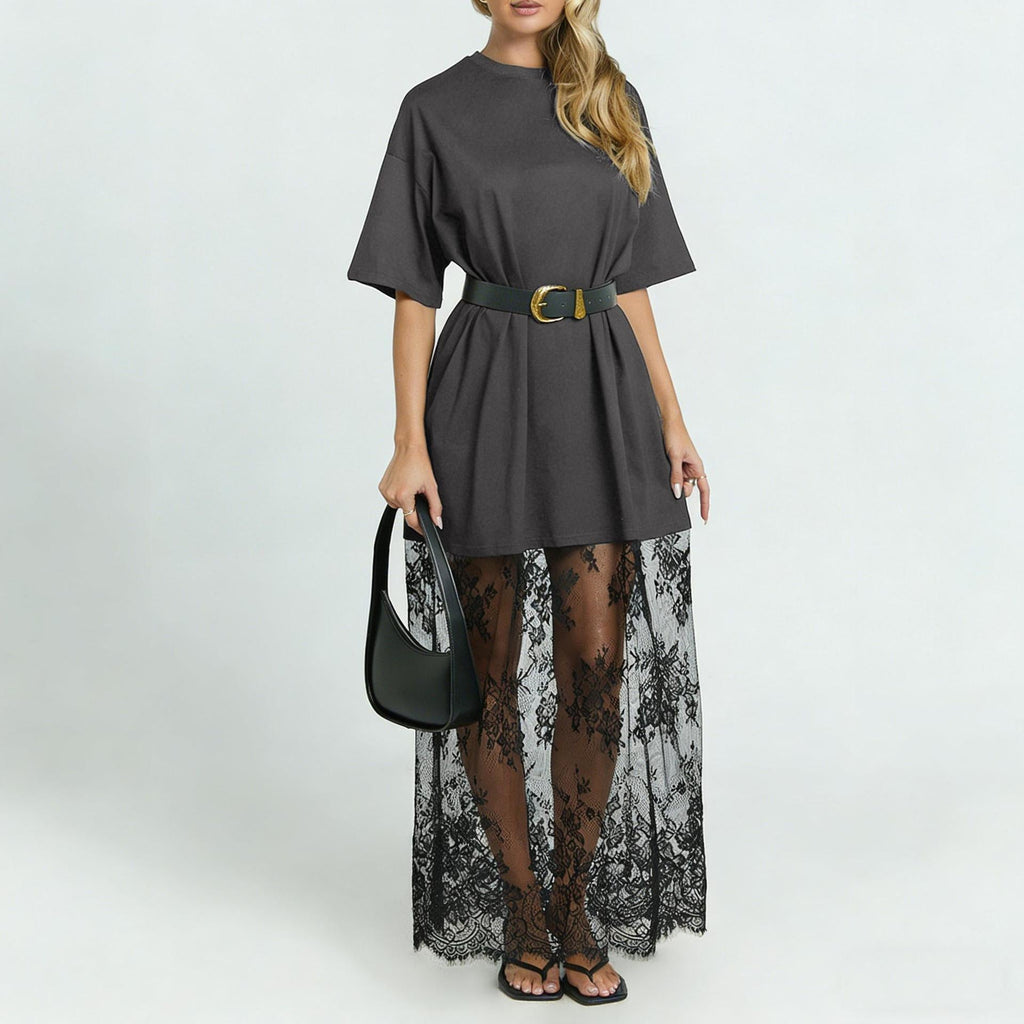 Loose-fitting T-shirt style maxi dress with lace paneling