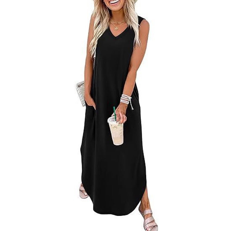 Casual sleeveless V-neck long dress