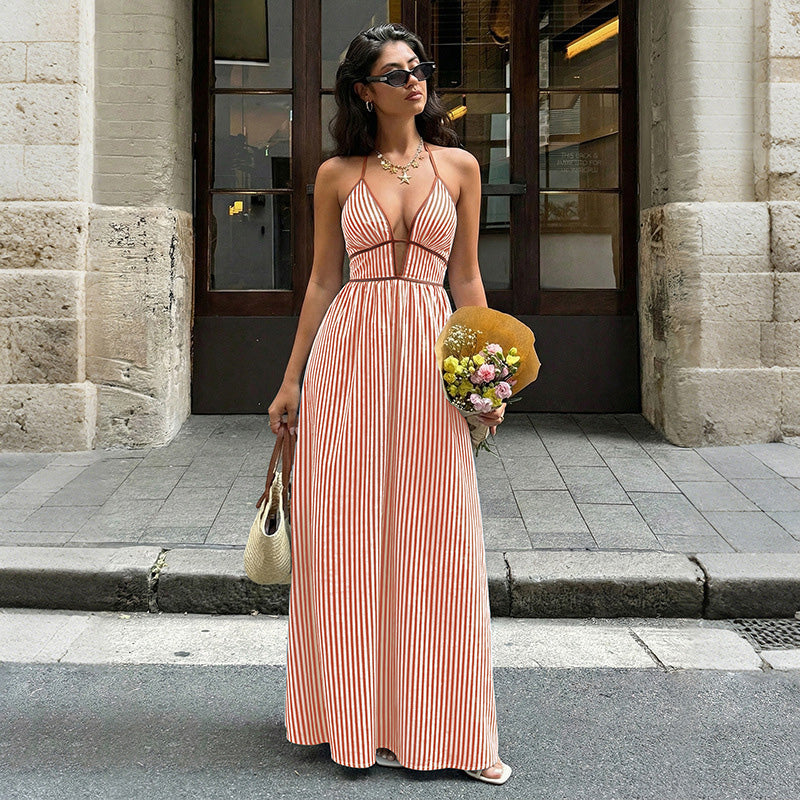 Retro striped rope-trimmed suspender maxi dress
