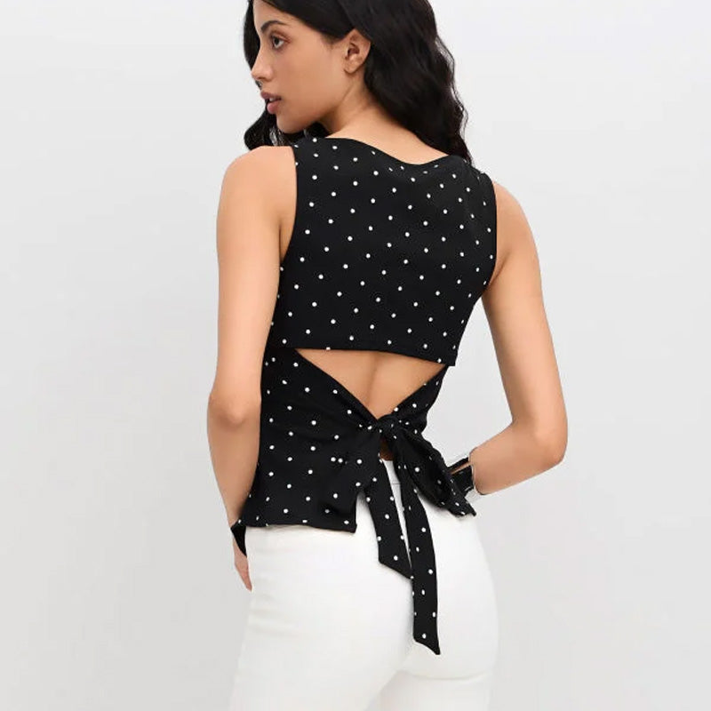 Polka dot backless sleeveless shirt with tie bow