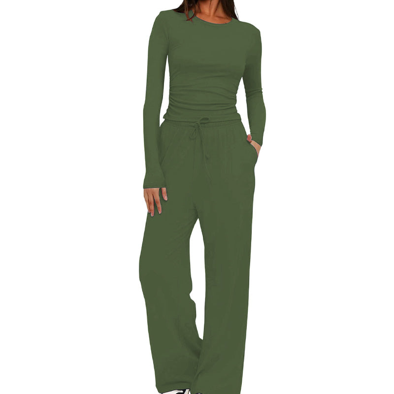 Casual long-sleeved high-waisted wide-leg pants suit