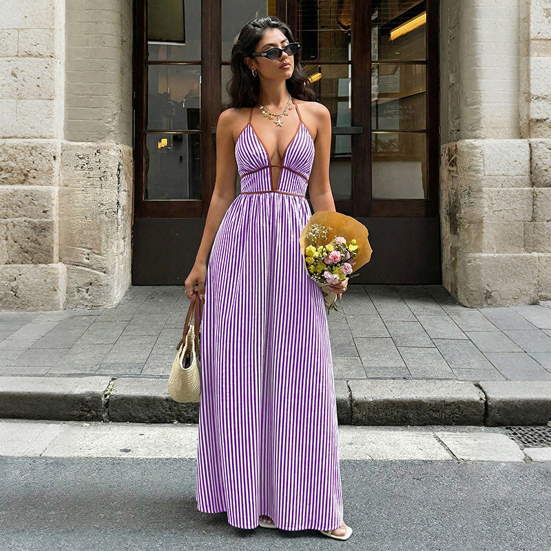 Retro striped rope-trimmed suspender maxi dress