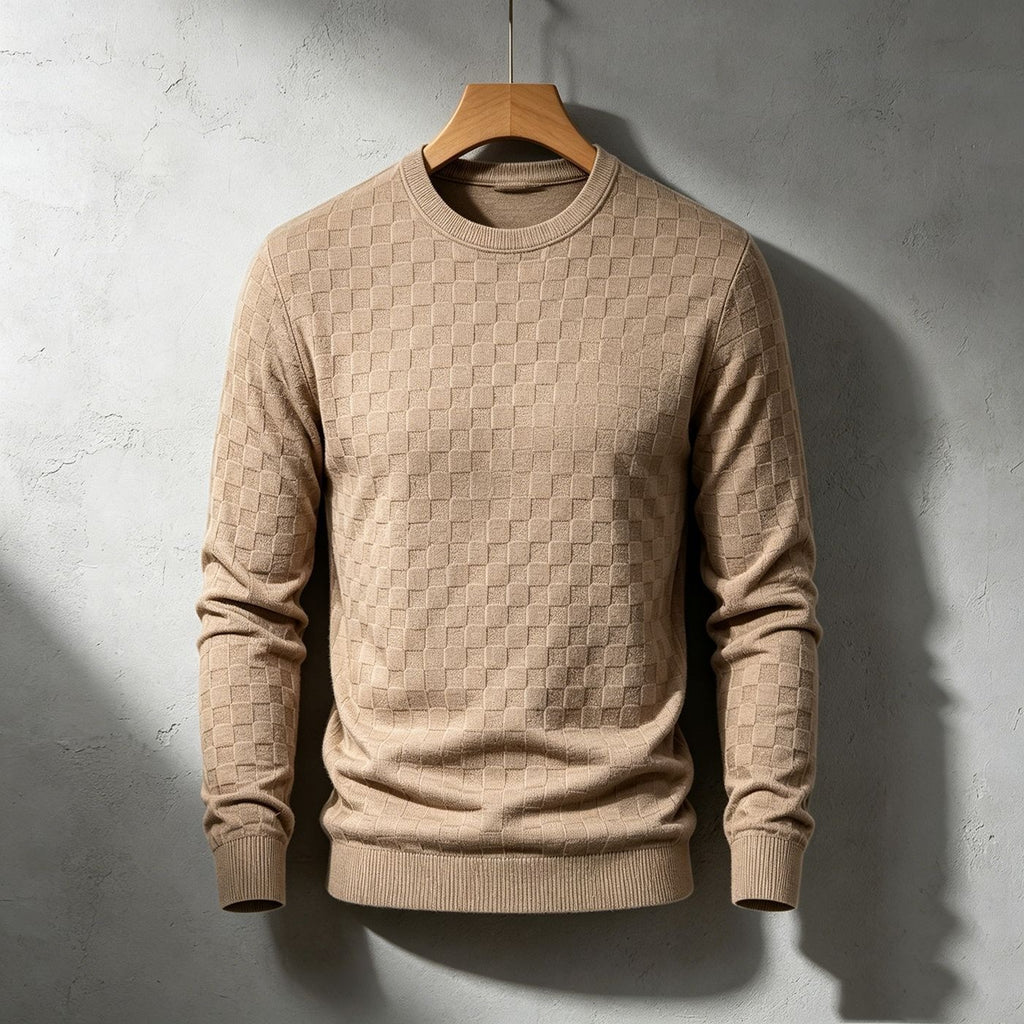 Checkered Jacquard Crew Neck Mens Sweater