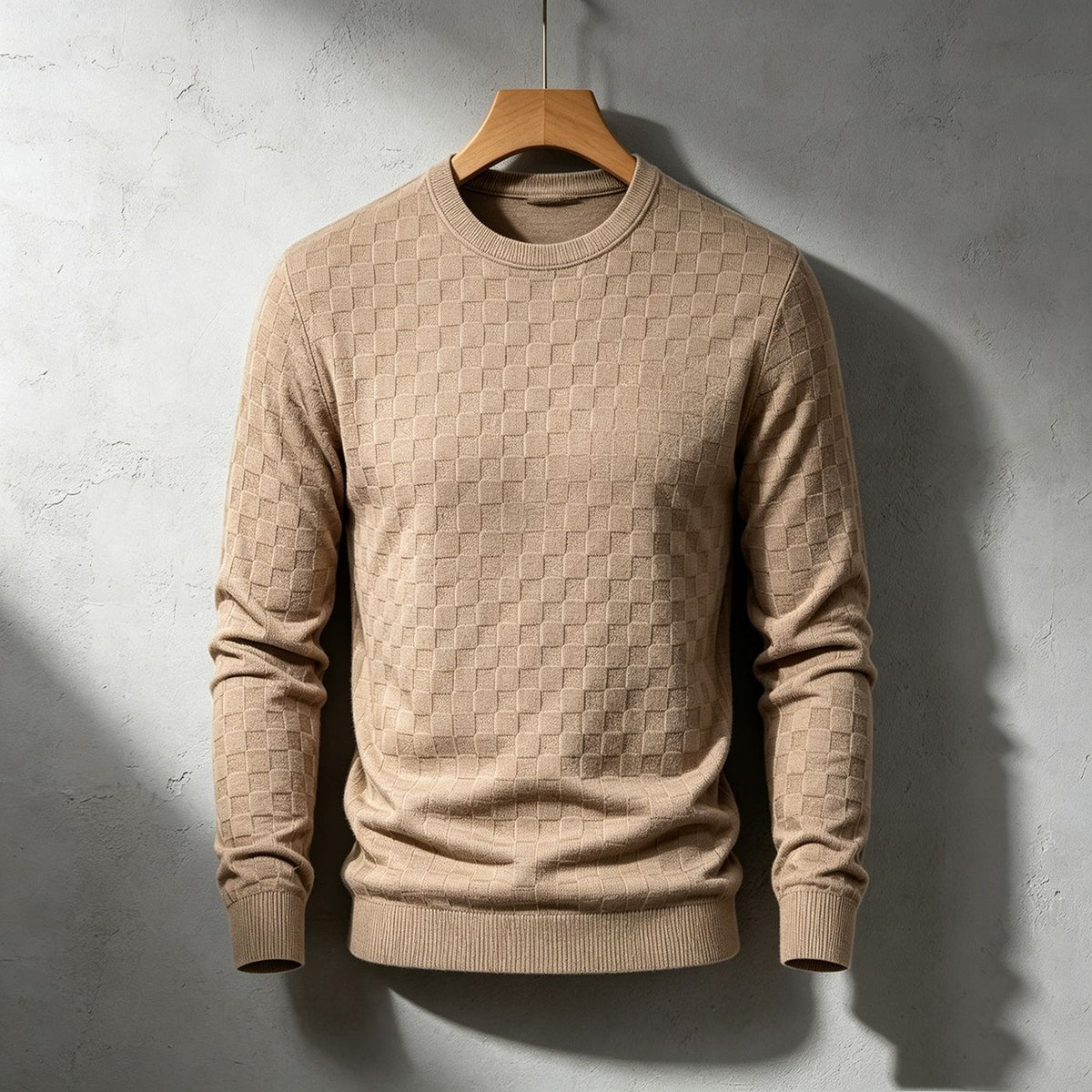 Checkered Jacquard Crew Neck Mens Sweater
