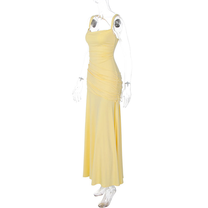 Square-neck ruched fitted dress