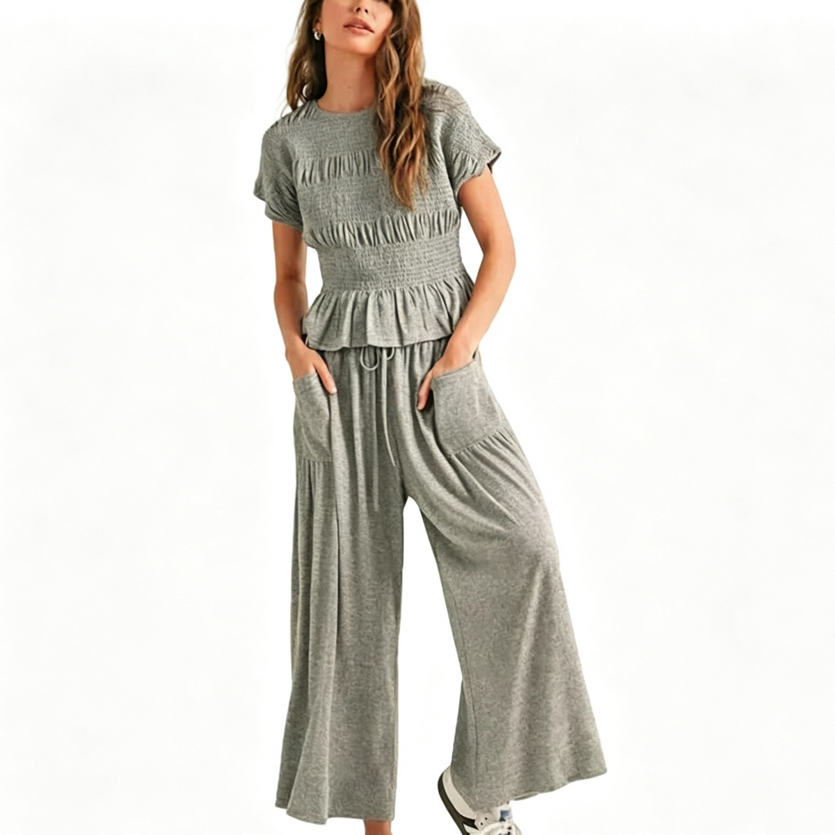 Pleated Ruffle Top and Wide-Leg Pants Set