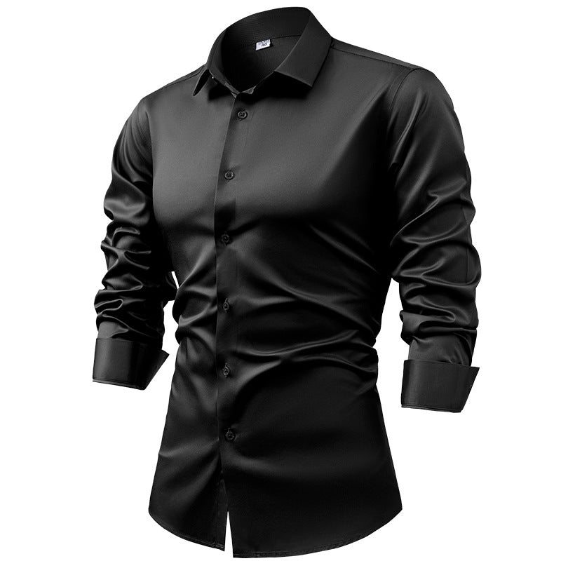 Men's silk satin long-sleeved dress shirt, business casual button-down shirt