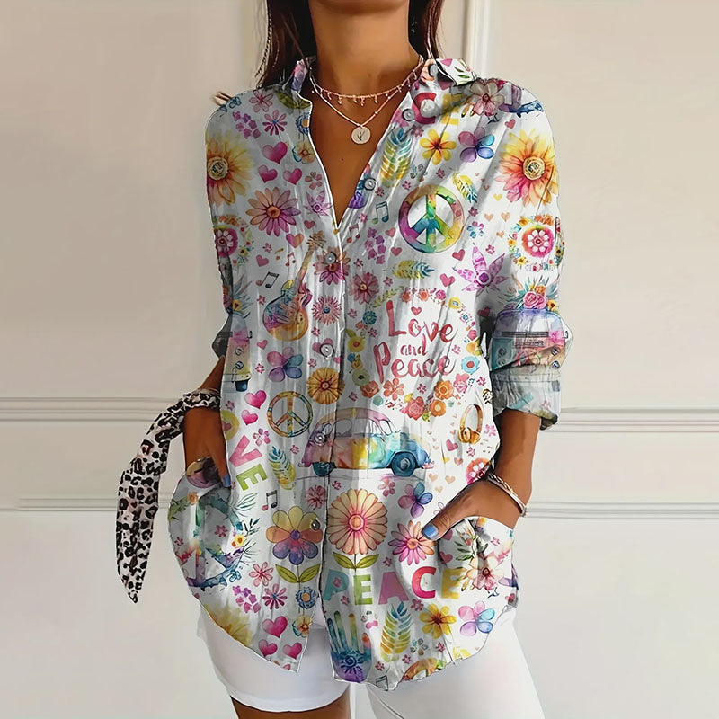 Floral Pattern Collared Long-Sleeved Shirt