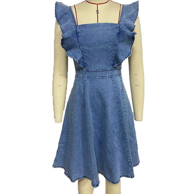 Ruffled shoulder strap square neck denim dress