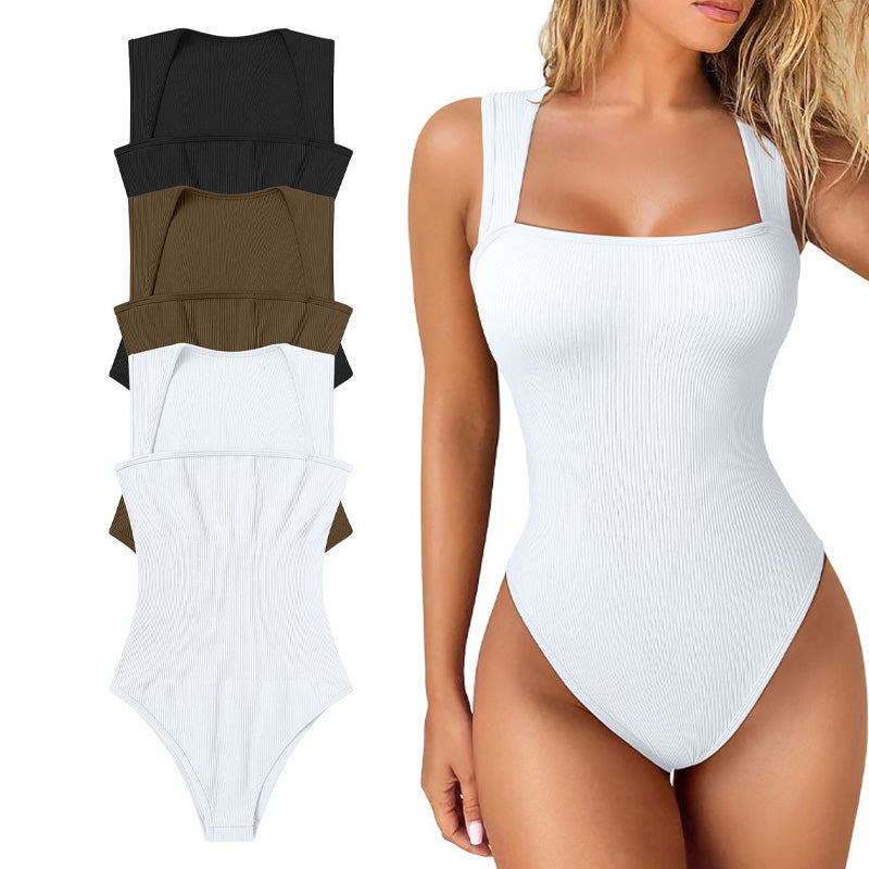 Ribbed square neck textured high-slit jumpsuit