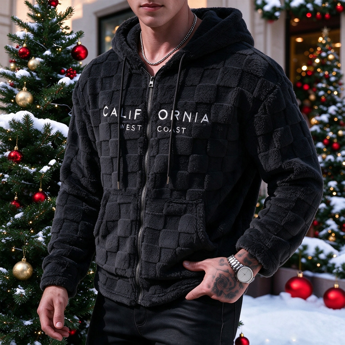 Plush Grid Hooded Jacket