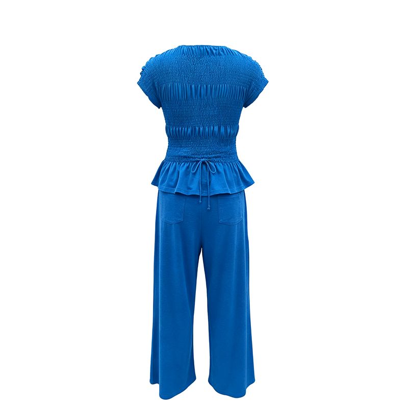 Pleated Ruffle Top and Wide-Leg Pants Set
