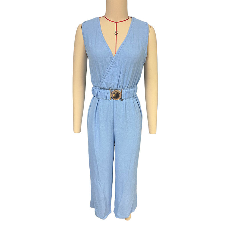 V-neck sleeveless wide-leg jumpsuit