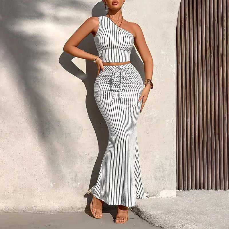 One-shoulder striped cropped top and fishtail skirt set