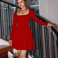 Square neck pleated long sleeve dress