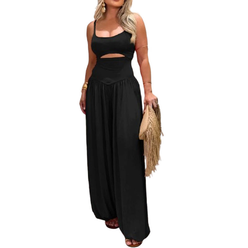 Backless tie high-waisted wide-leg jumpsuit