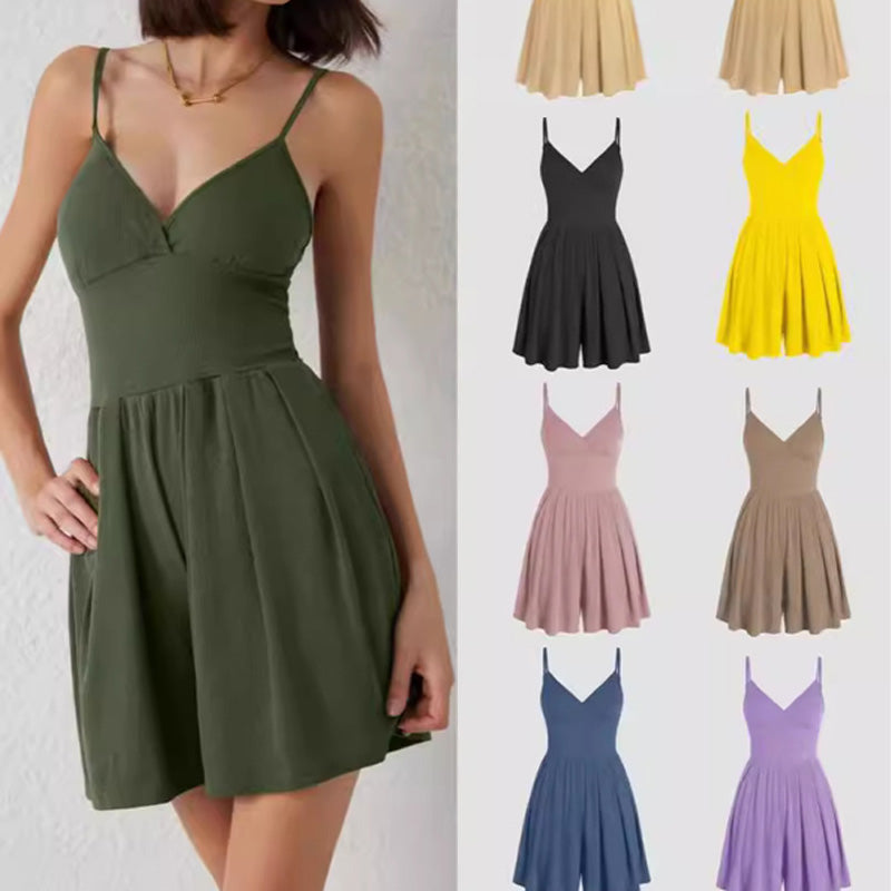 Ribbed V-neck backless jumpsuit