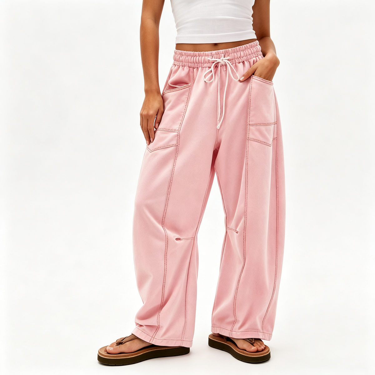 Contrast‑Stitch Baggy Wide Leg Pants