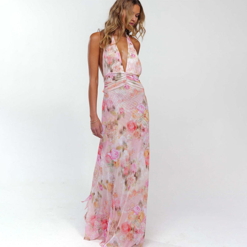 Floral print halter neck backless tie-up maxi dress