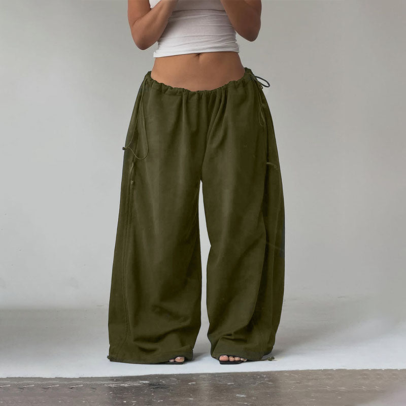 Side-drawstring ruched wide-leg trousers