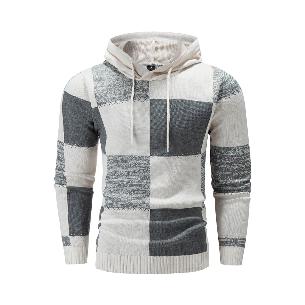 Mens Stitching Plaid Knitted Hooded Sweater