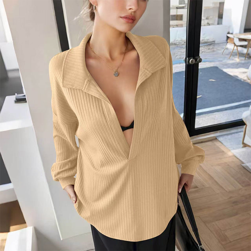 Ribbed V-neck long-sleeved knit sweater