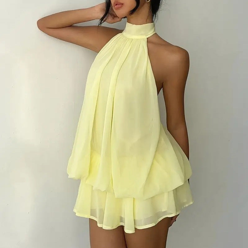 Backless halter-neck layered ruffle dress