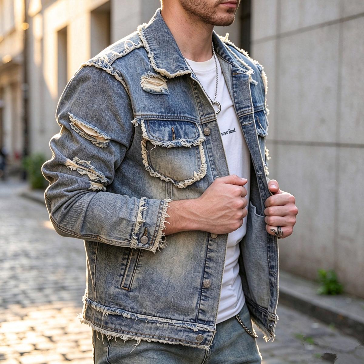 Raw Edge Ripped Denim Button Jacket
