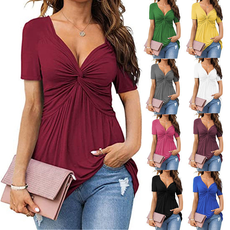 V-neck ruffled knotted short-sleeved top