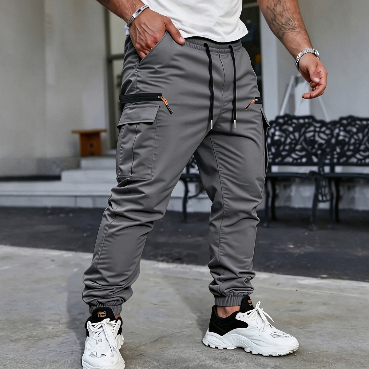 Men Multi Pocket Drawstring Cargo Joggers