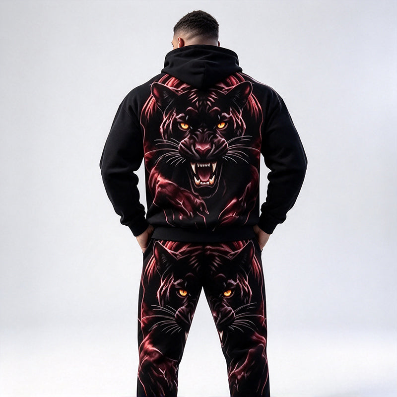 Men's Red Flame Black Panther Print Hooded Suit