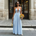 Retro striped rope-trimmed suspender maxi dress