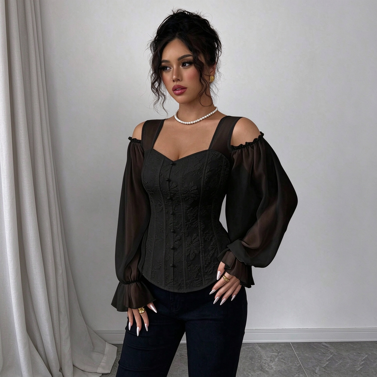 Ladies Elegant Cold Shoulder Floral Jacquard Shirt