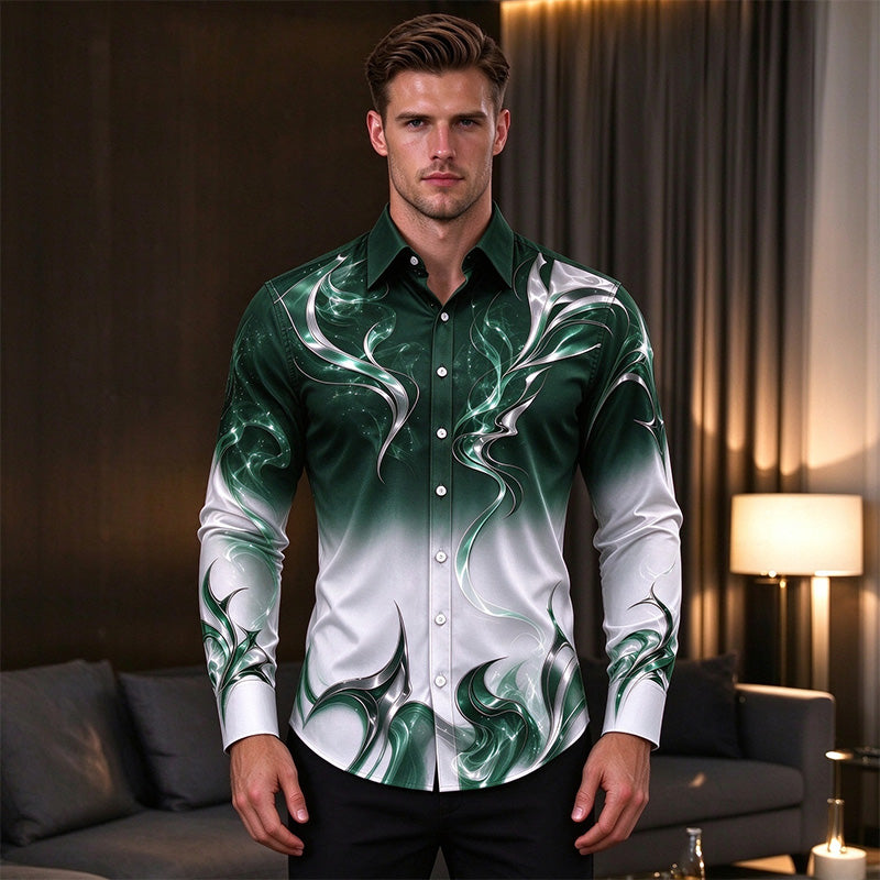 Men's Flame Print Long Sleeve Dress Shirt