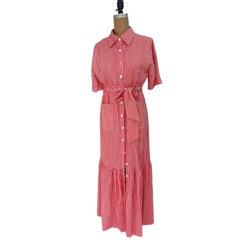 Striped layered hem long shirt dress