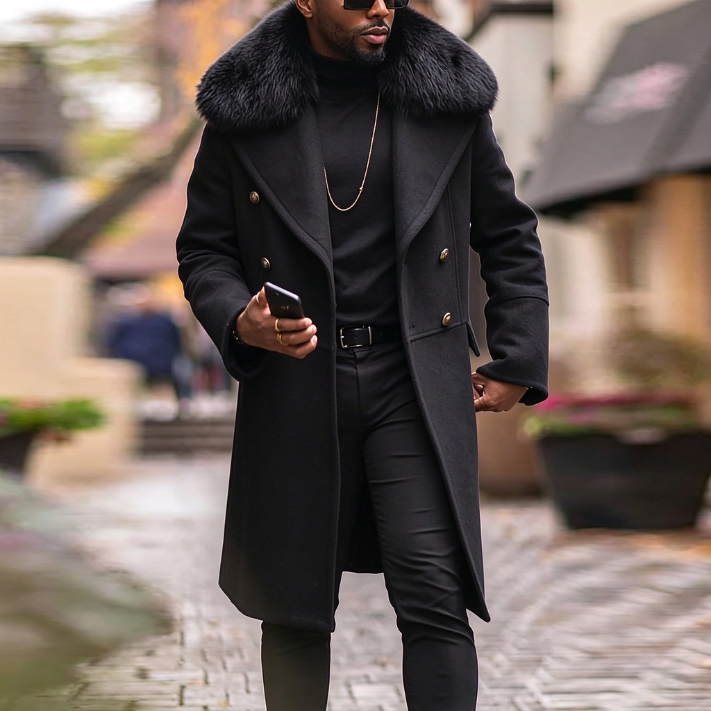 Classic Furry Collar Long Winter Coat For Men
