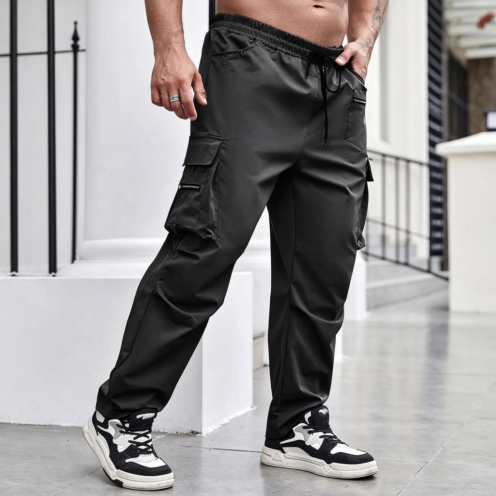 Men Multi-Pocket Drawstring Cargo Pants