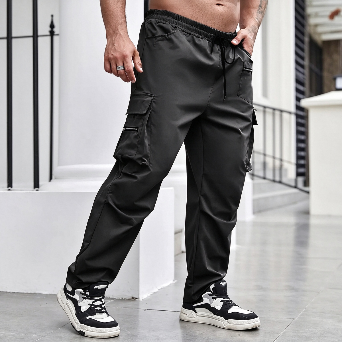 Men Multi-Pocket Drawstring Cargo Pants