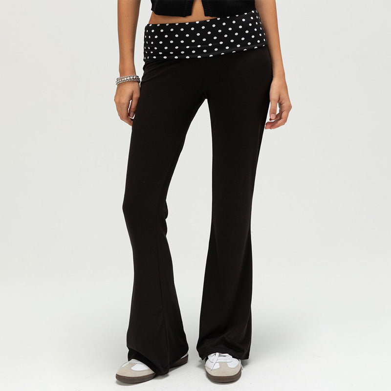 Polka dot high-waisted faux fold-over belt flared pants
