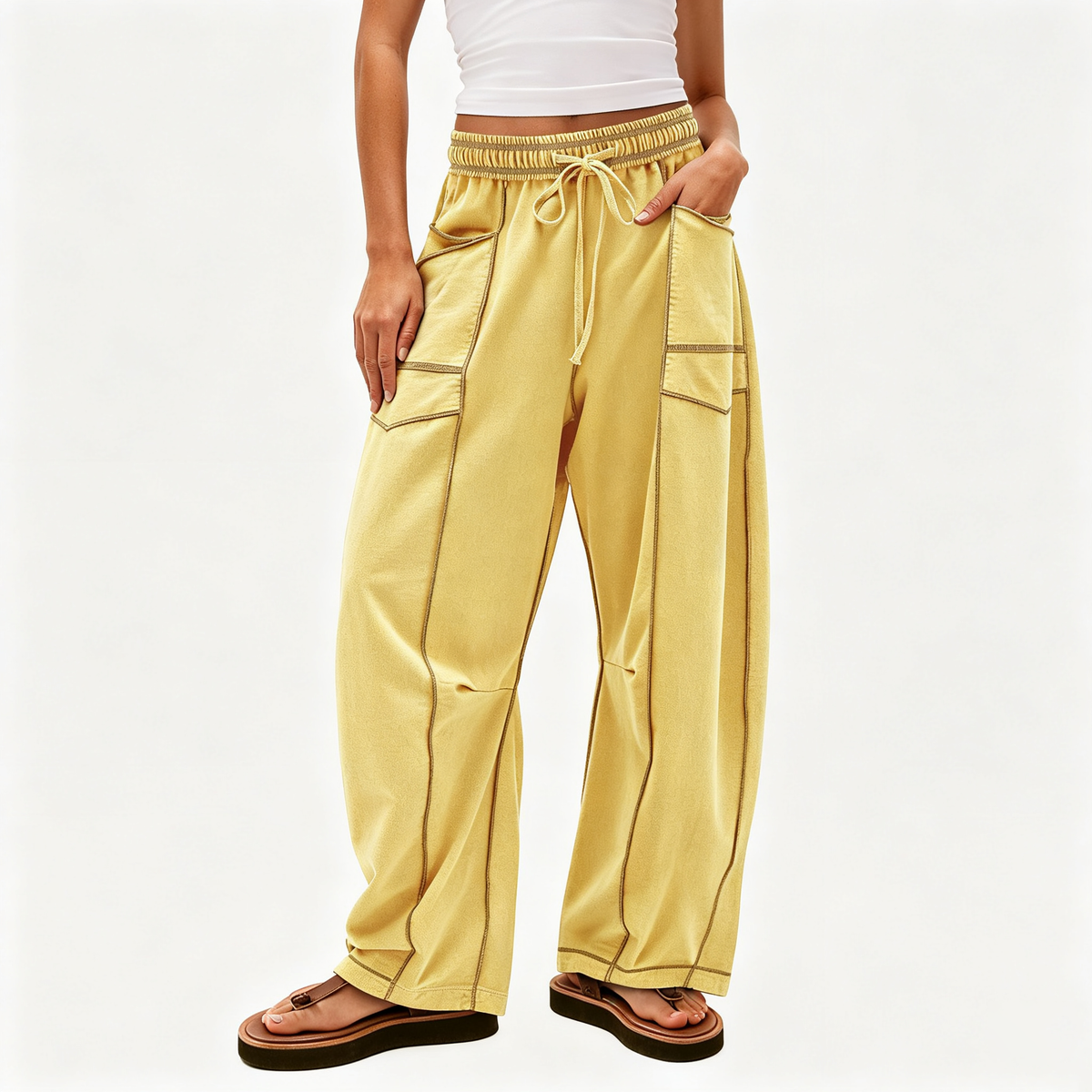 Contrast‑Stitch Baggy Wide Leg Pants