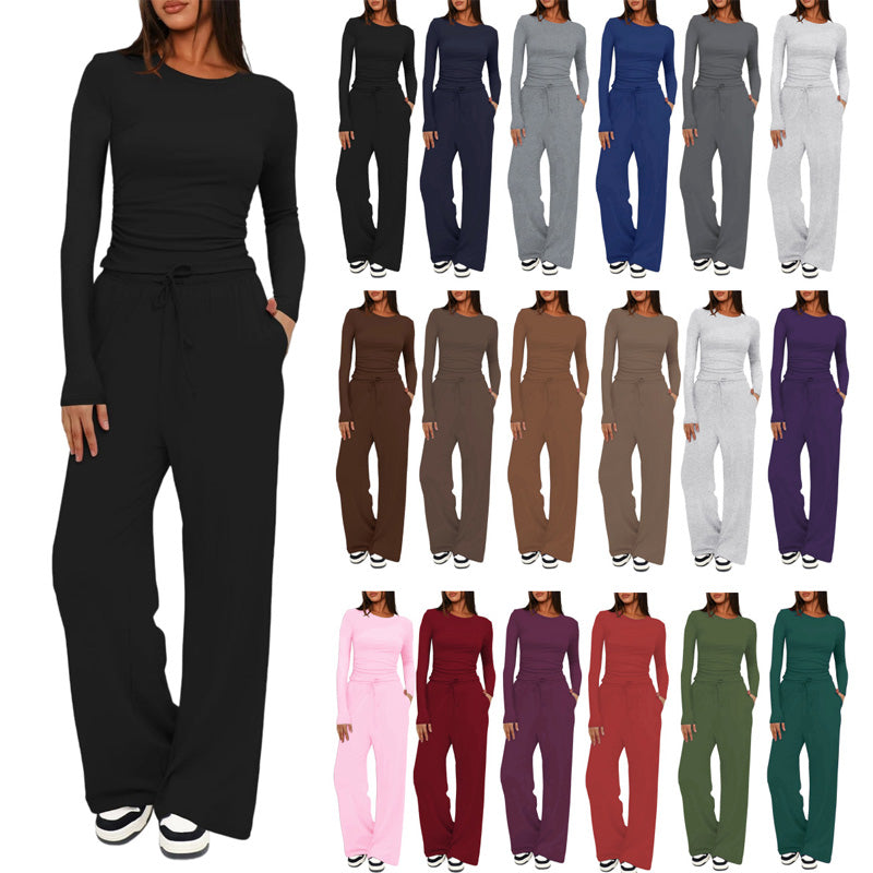 Casual long-sleeved high-waisted wide-leg pants suit