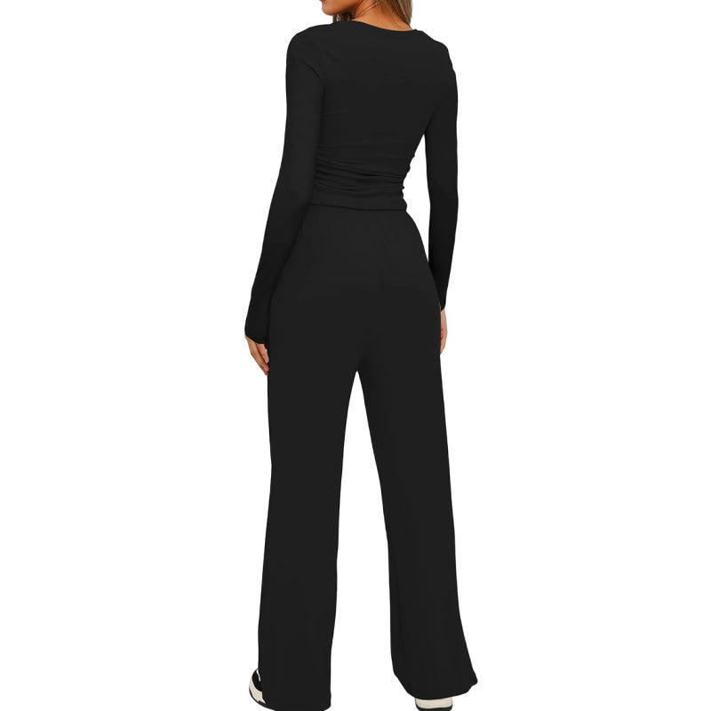 Casual long-sleeved high-waisted wide-leg pants suit